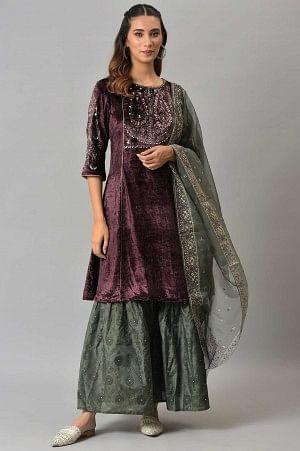 Dark Purple Velvet kurta With Grey Sharara And Dupatta - wforwoman