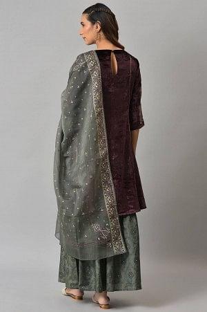 Dark Purple Velvet kurta With Grey Sharara And Dupatta - wforwoman