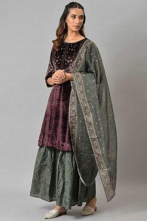 Dark Purple Velvet kurta With Grey Sharara And Dupatta - wforwoman