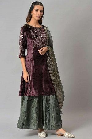 Dark Purple Velvet kurta With Grey Sharara And Dupatta - wforwoman