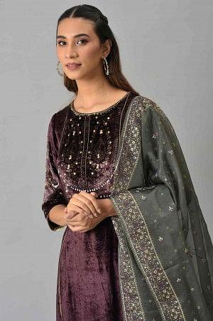 Dark Purple Velvet kurta With Grey Sharara And Dupatta - wforwoman