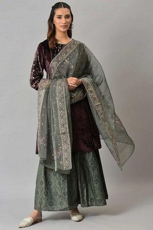 Dark Purple Velvet kurta With Grey Sharara And Dupatta - wforwoman