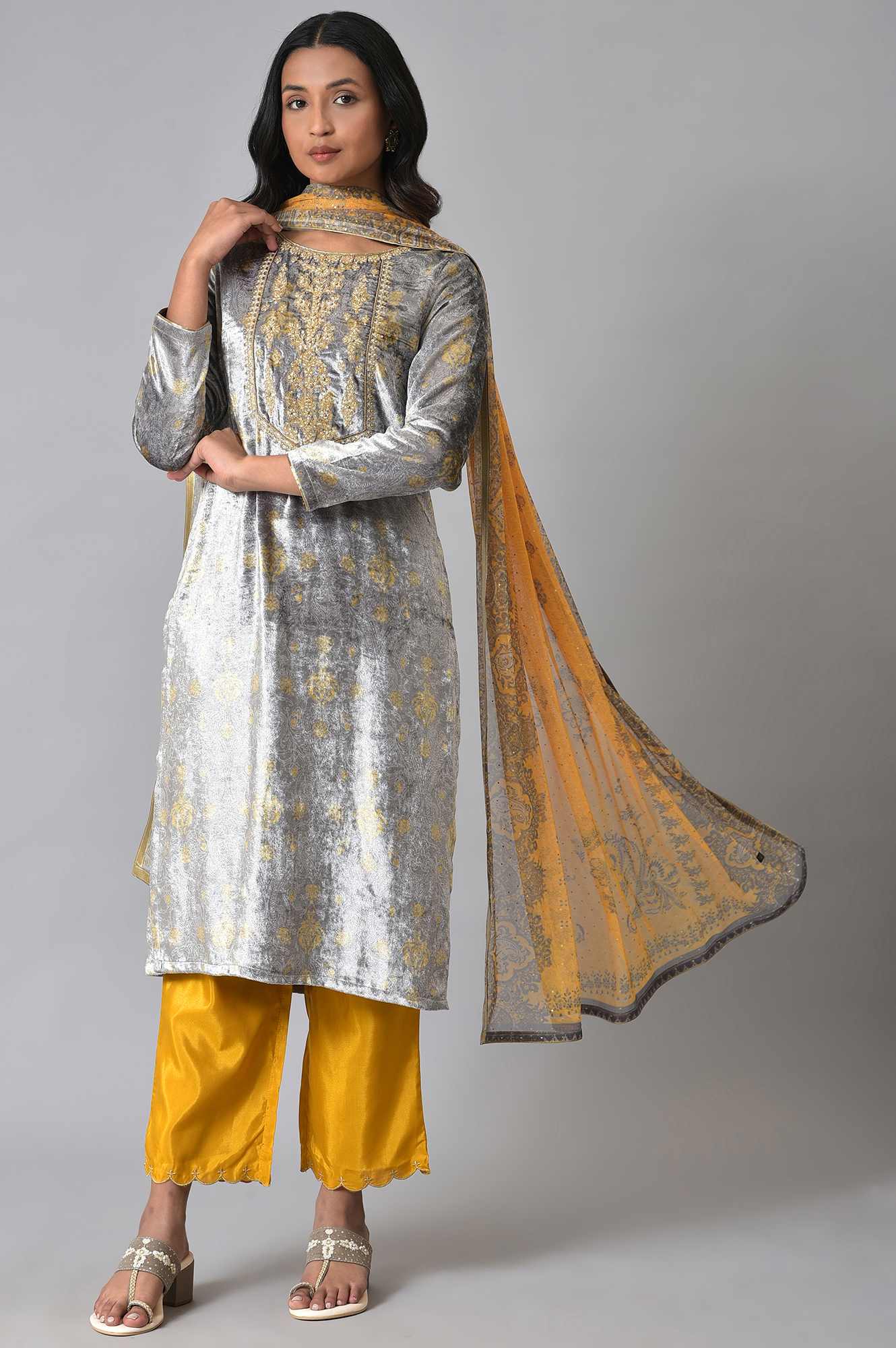 Grey Velvet Embroidered kurta With Yellow Pants And Printed Dupatta