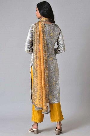 Grey Velvet Embroidered kurta With Yellow Pants And Printed Dupatta - wforwoman
