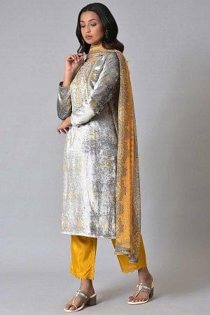 Grey Velvet Embroidered kurta With Yellow Pants And Printed Dupatta - wforwoman