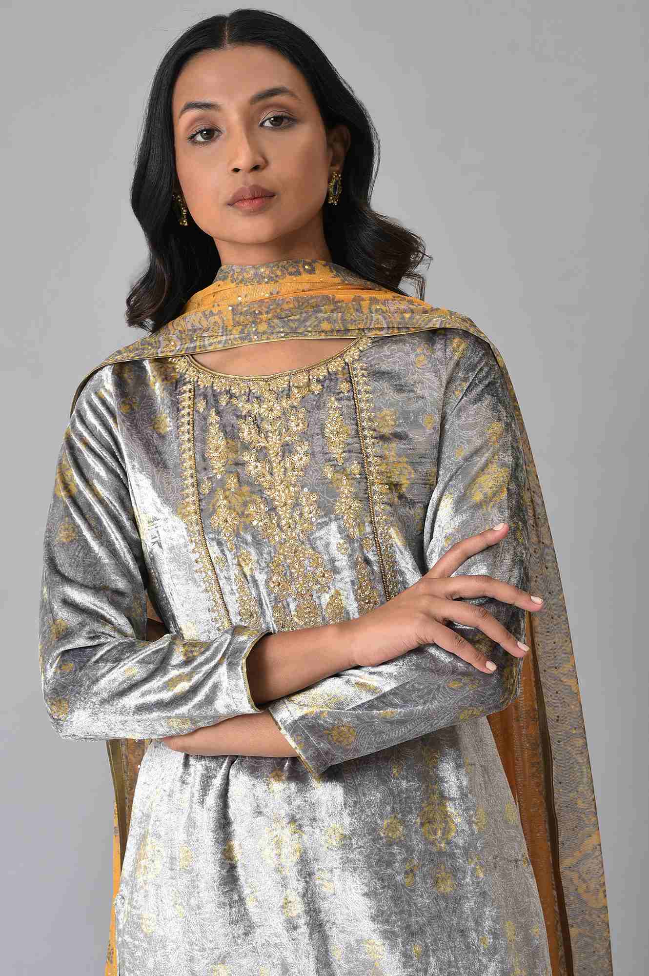 Grey Velvet Embroidered kurta With Yellow Pants And Printed Dupatta