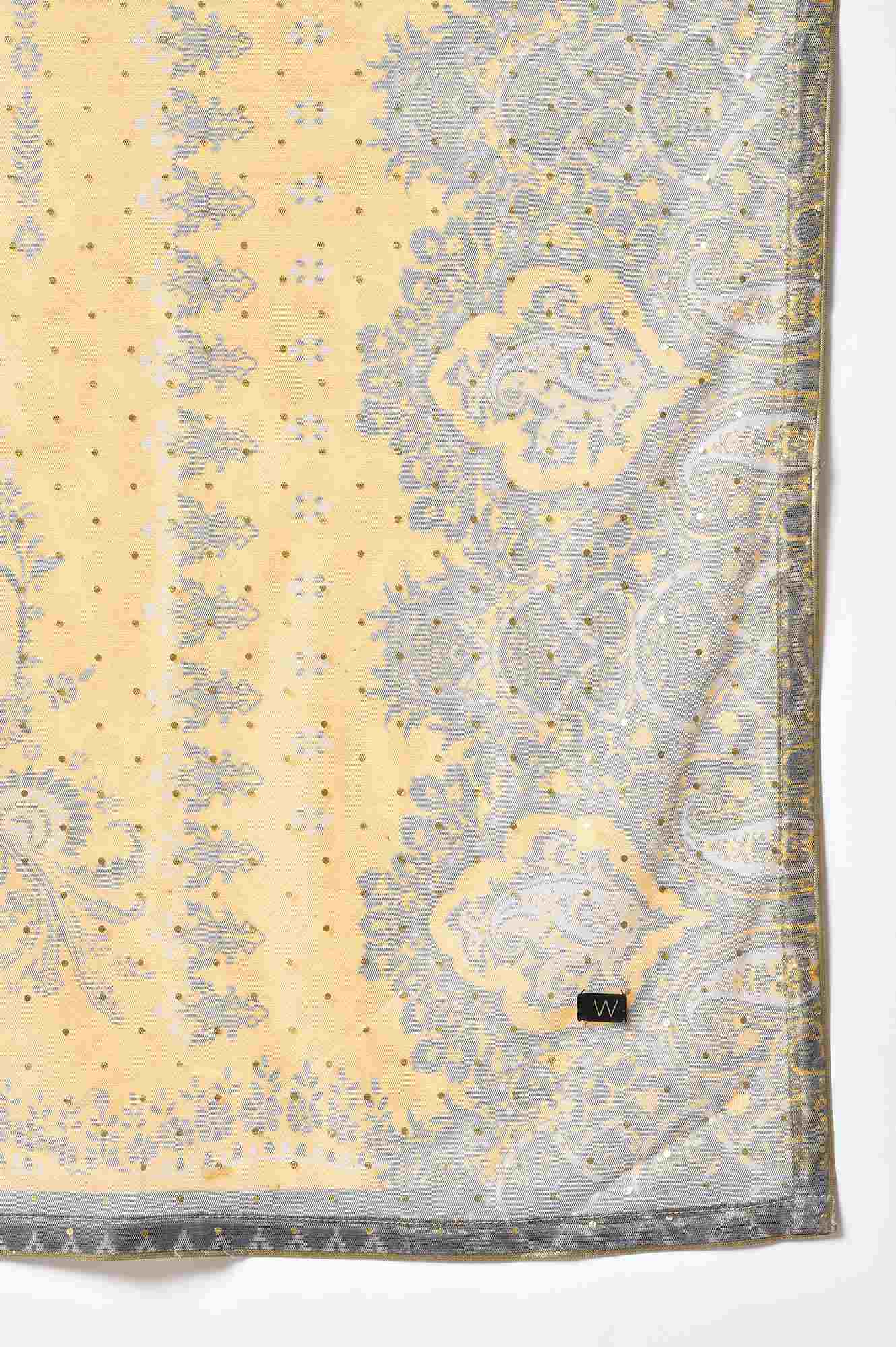 Grey Velvet Embroidered kurta With Yellow Pants And Printed Dupatta