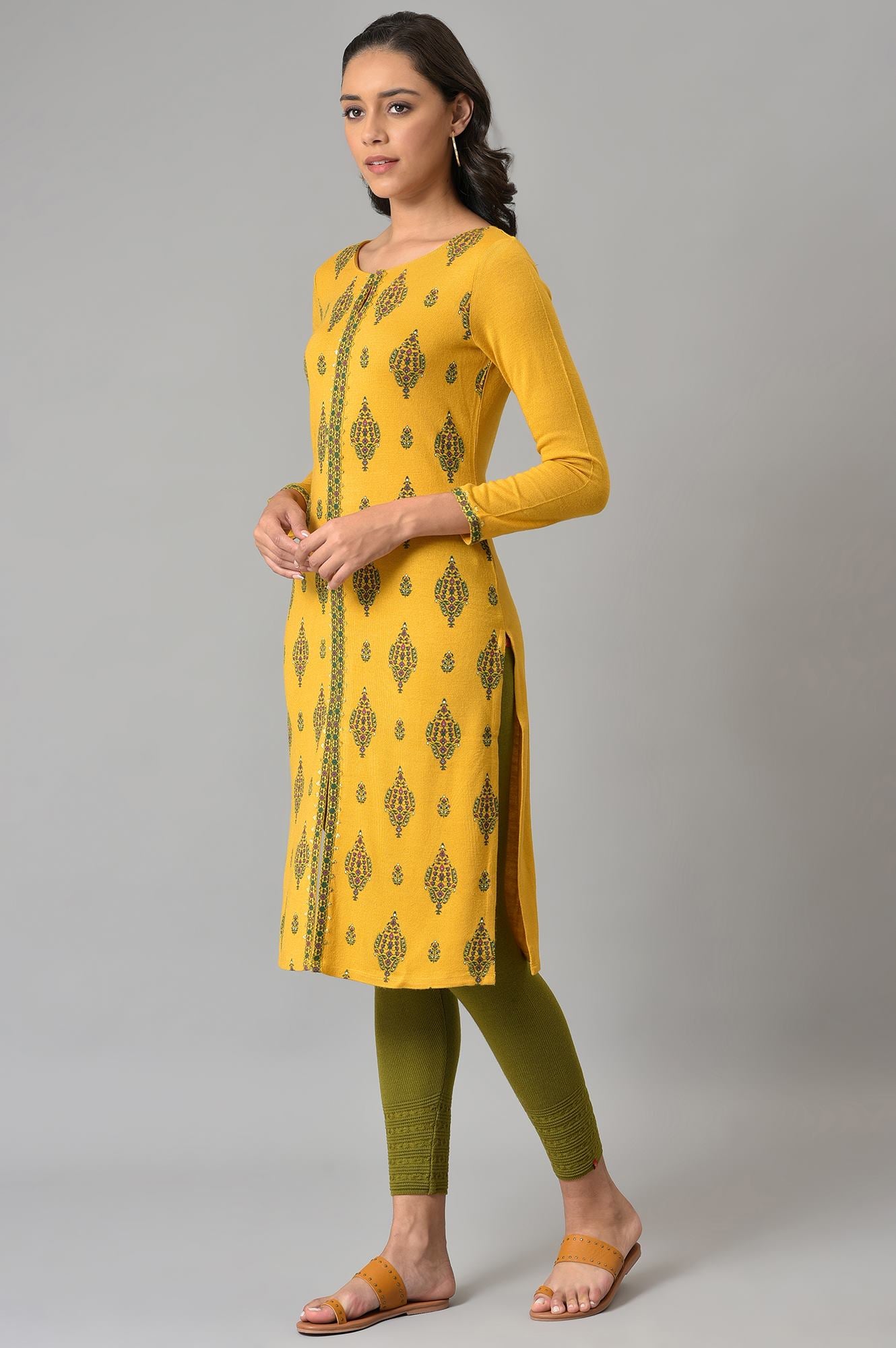 Yellow Floral Printed Winter kurta