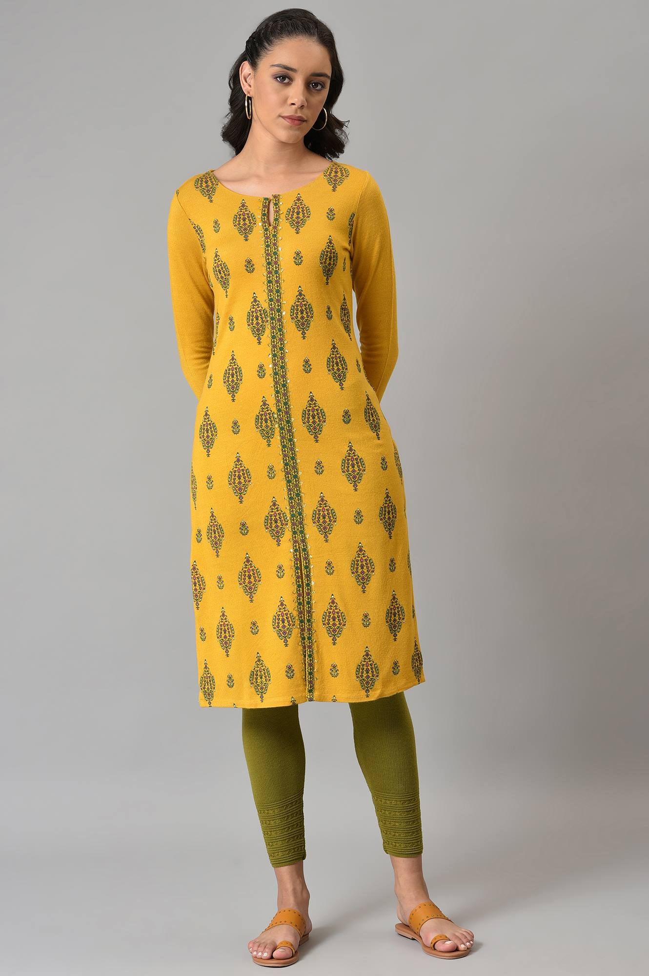 Yellow Floral Printed Winter kurta