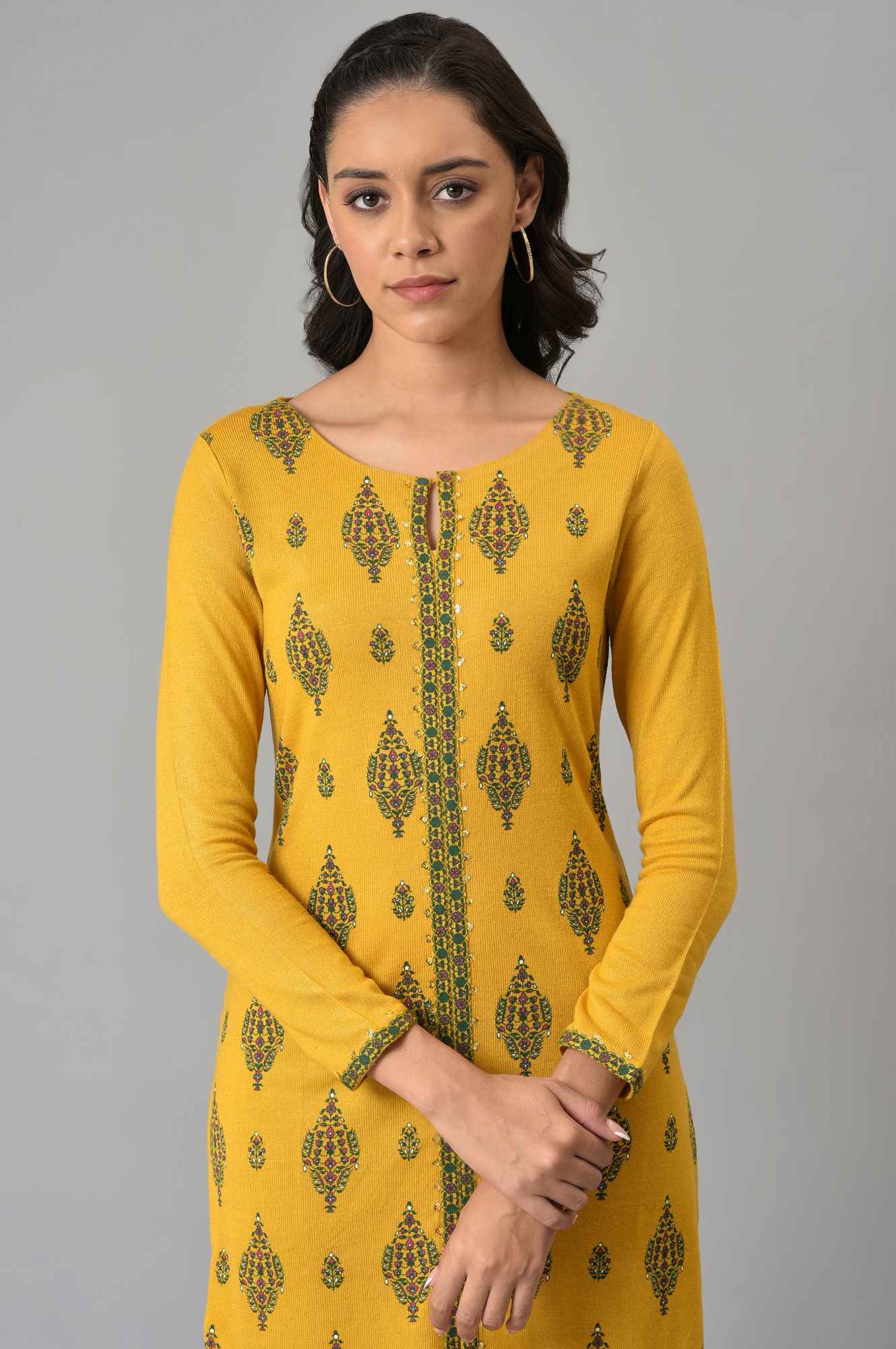 Yellow Floral Printed Winter kurta