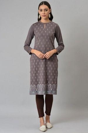 Purple Paisley Printed Winter kurta - wforwoman