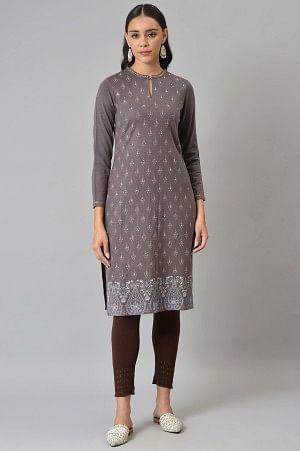 Purple Paisley Printed Winter kurta - wforwoman