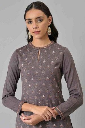 Purple Paisley Printed Winter kurta - wforwoman