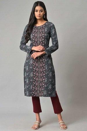 Blue Printed Winter kurta With Embroidery - wforwoman