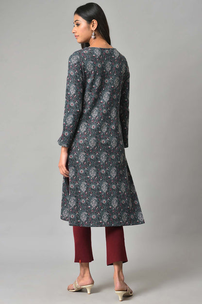 Blue Printed Winter kurta With Embroidery