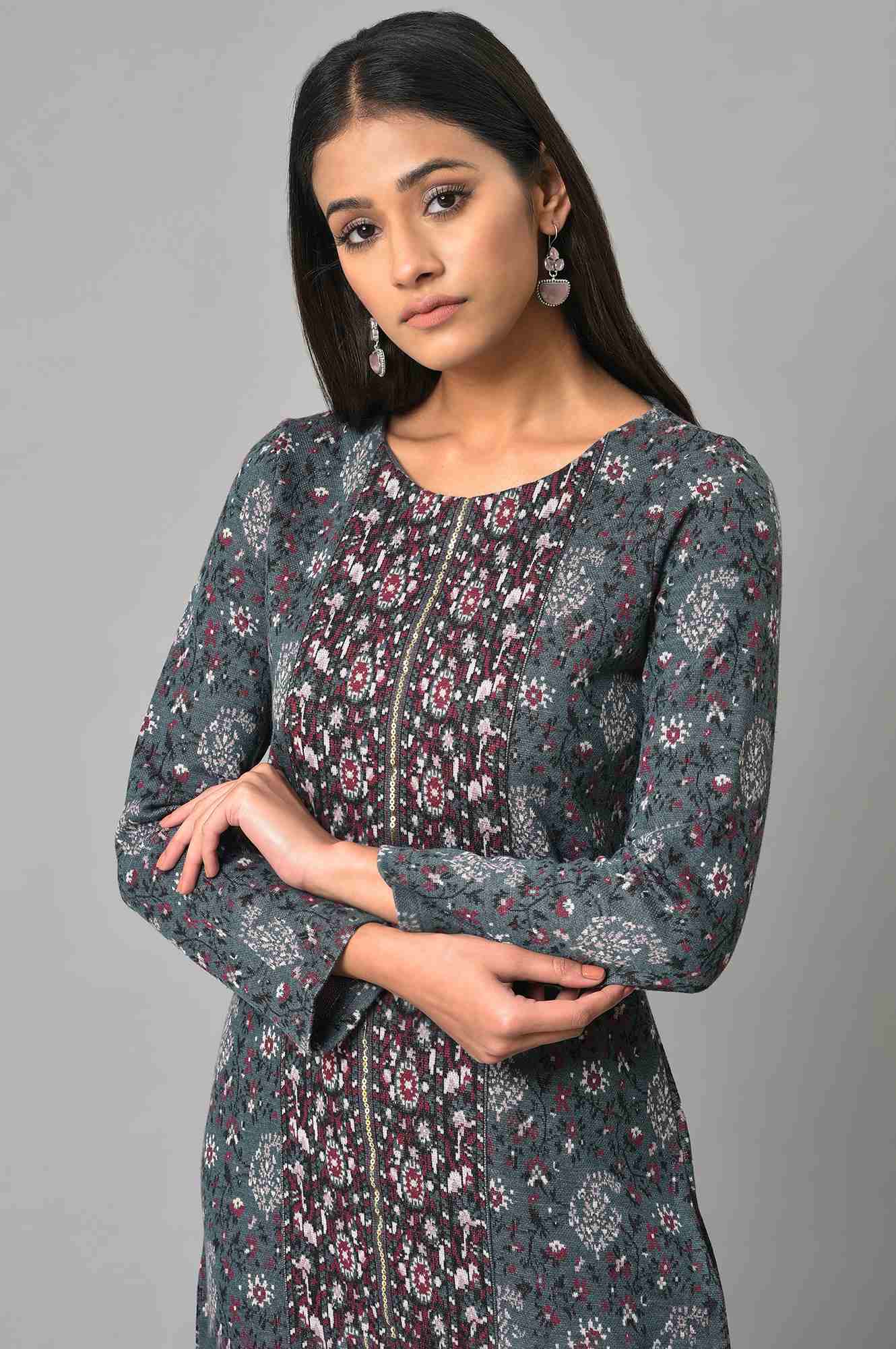 Blue Printed Winter kurta With Embroidery