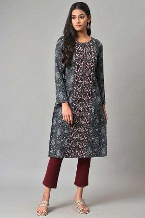 Blue Printed Winter kurta With Embroidery - wforwoman