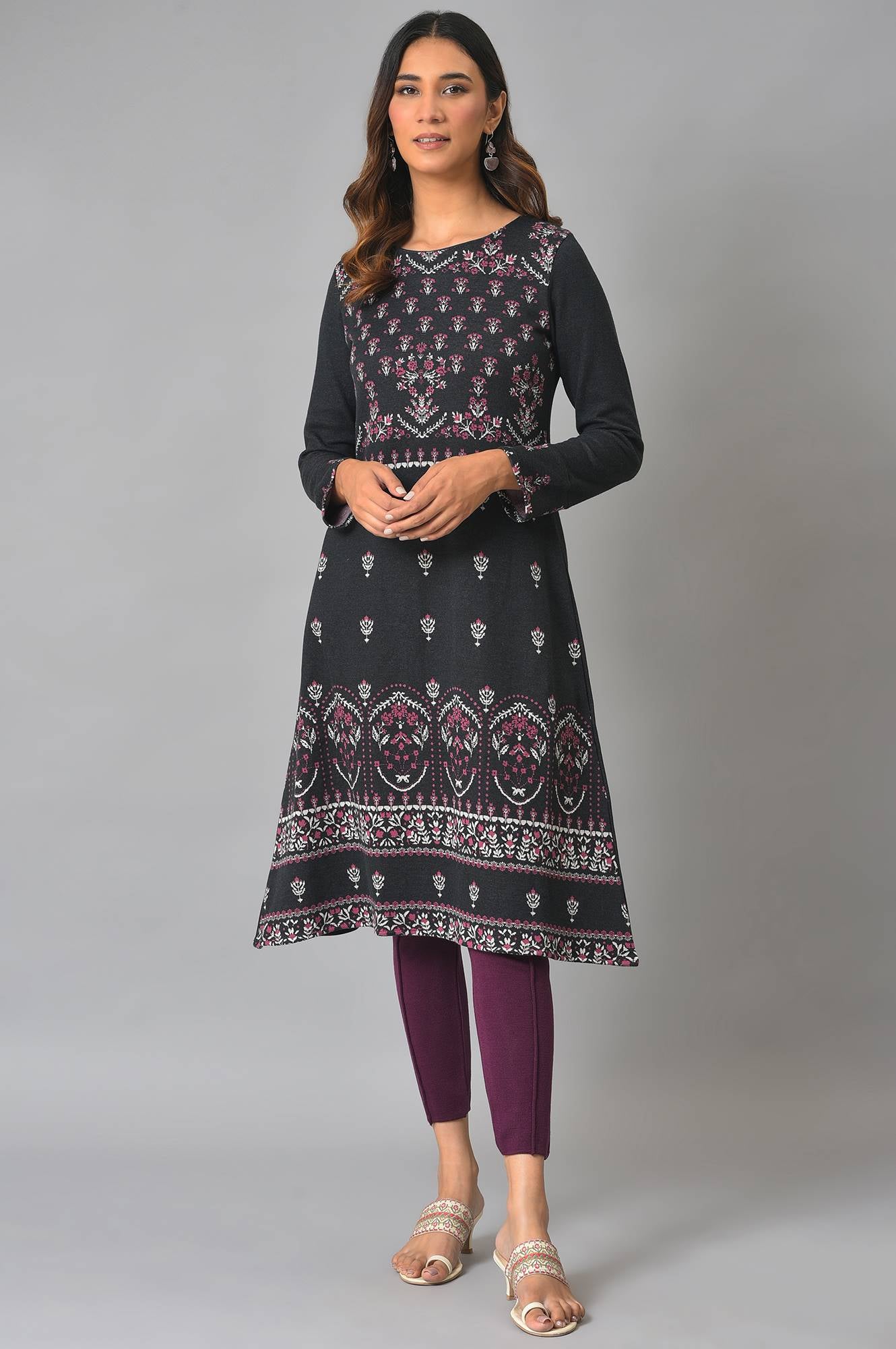 Black A-Line Placement Printed Winter kurta