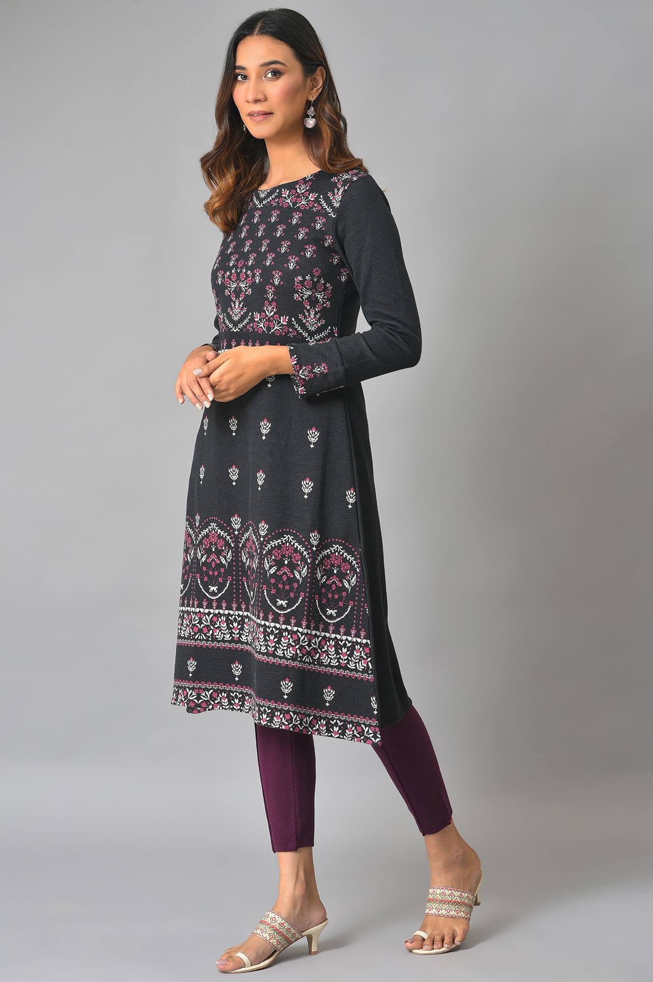 Black A-Line Placement Printed Winter kurta