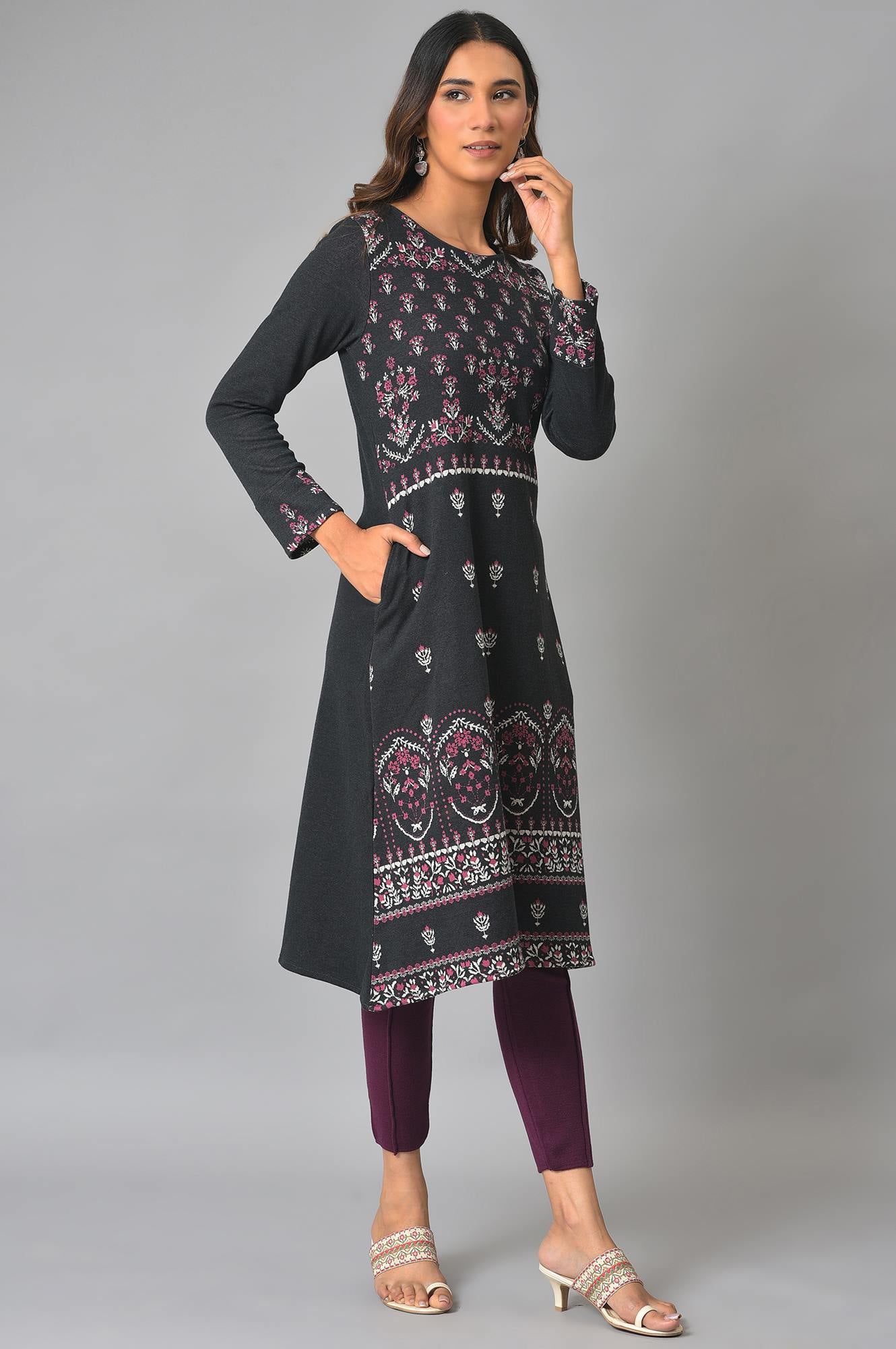 Black A-Line Placement Printed Winter kurta