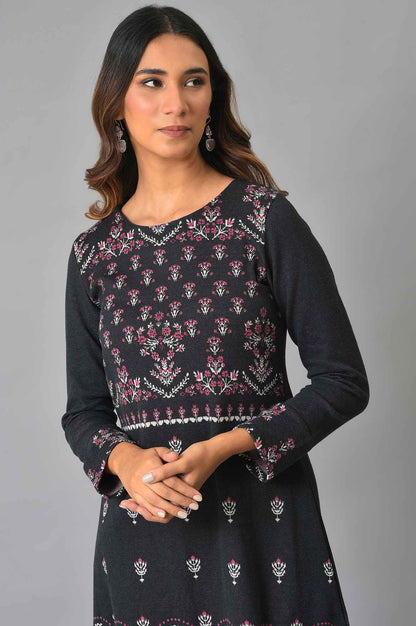 Black A-Line Placement Printed Winter kurta