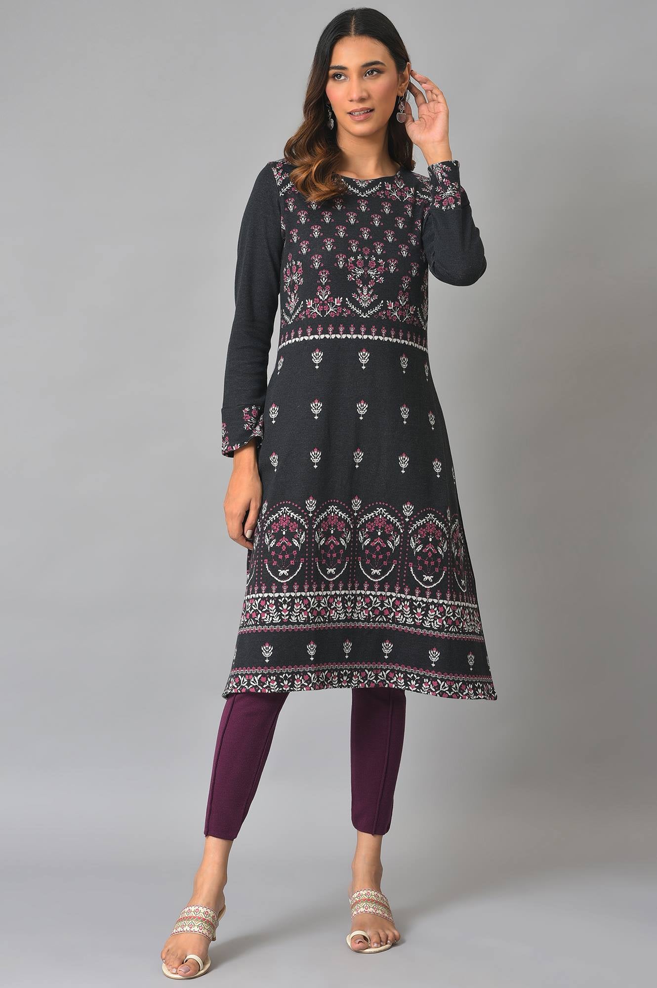 Plus Size Black A-Line Placement Printed Winter kurta