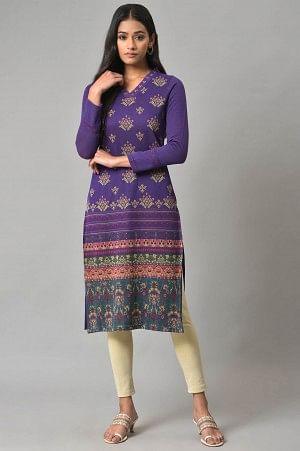 Purple Printed Winter kurta - wforwoman