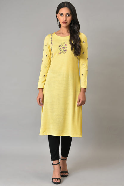 Yellow Multi-Coloured Embroidery Winter kurta