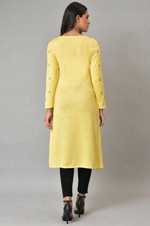 Yellow Multi-Coloured Embroidery Winter kurta - wforwoman