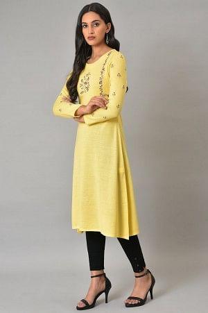 Yellow Multi-Coloured Embroidery Winter kurta - wforwoman