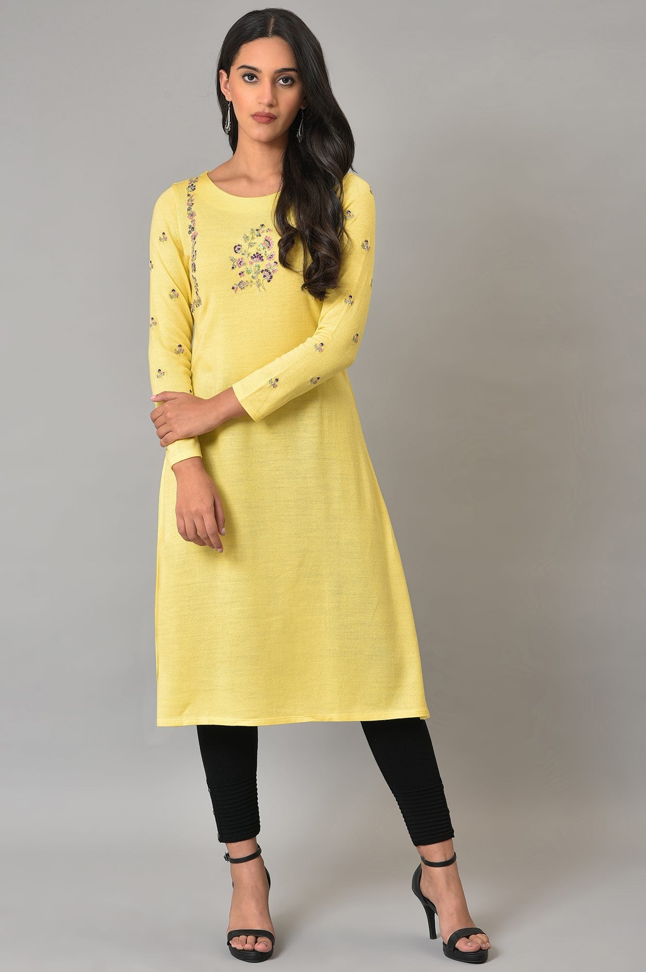 Yellow Multi-Coloured Embroidery Winter kurta