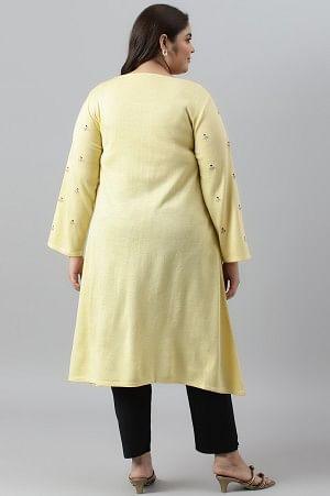 Plus Size Yellow A-Line Winter kurta With Multi-Coloured Embroidery - wforwoman