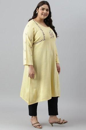 Plus Size Yellow A-Line Winter kurta With Multi-Coloured Embroidery - wforwoman