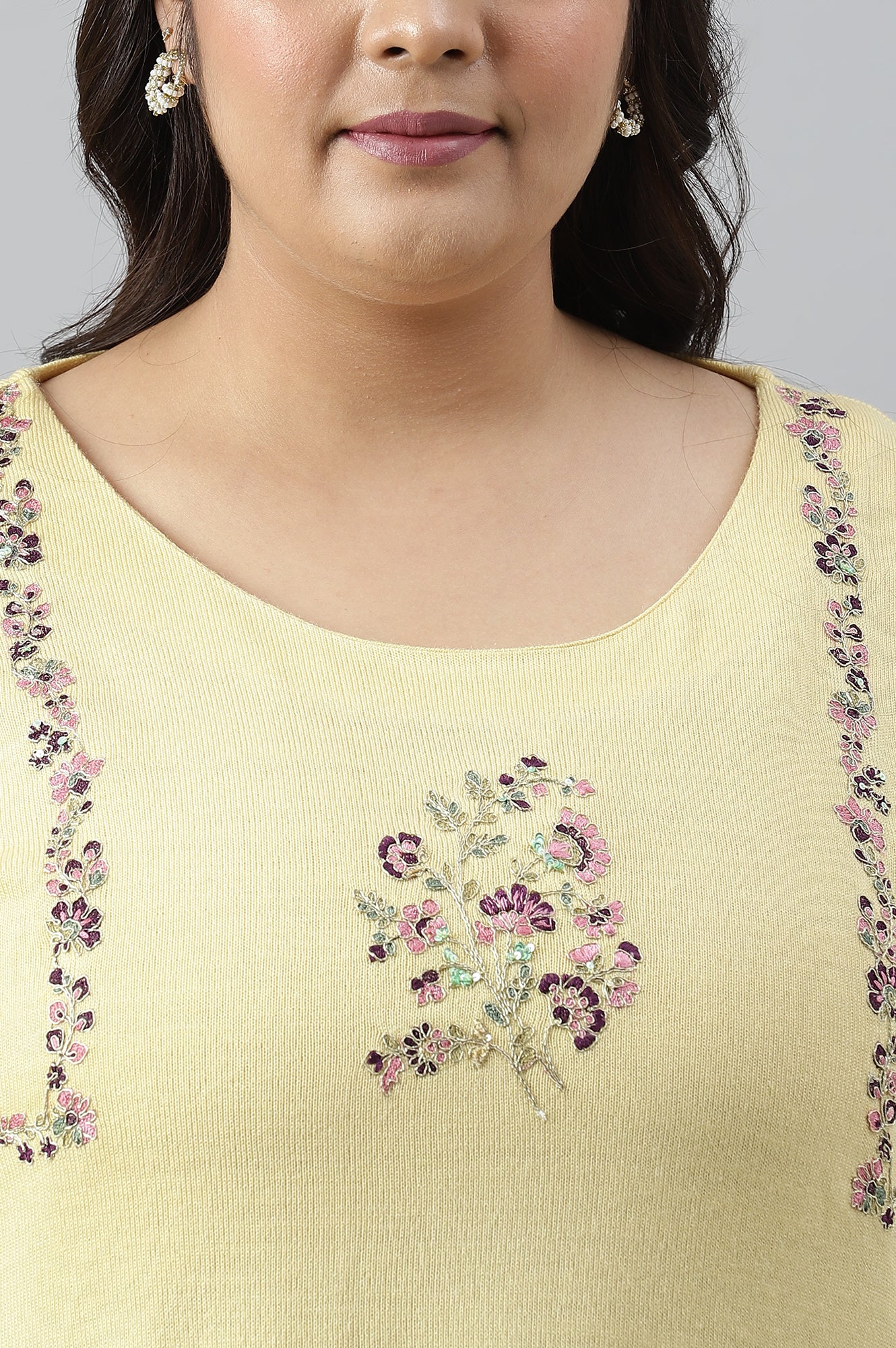 Plus Size Yellow A-Line Winter kurta With Multi-Coloured Embroidery