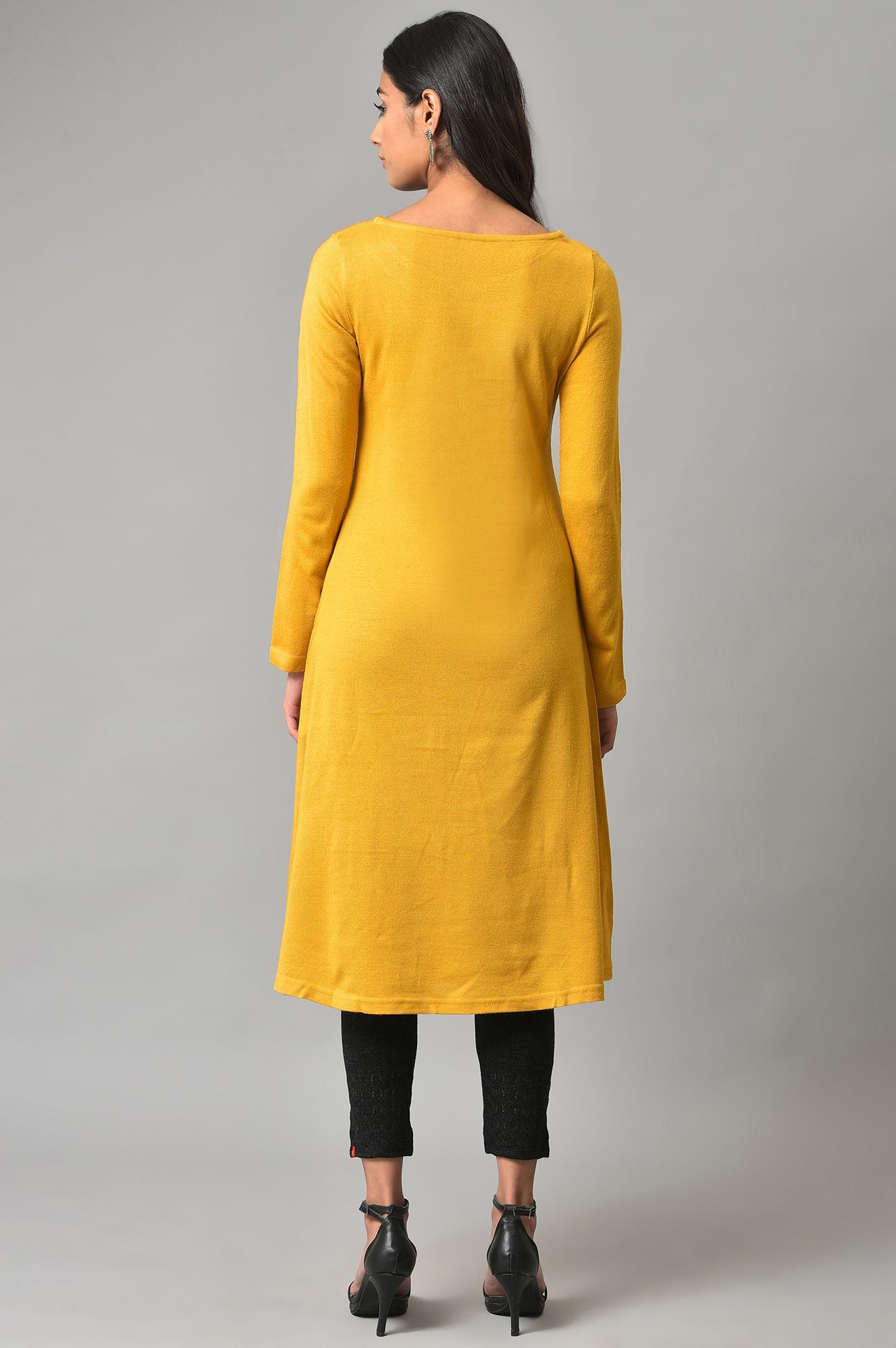 Yellow A-Line Embroidered Winter kurta