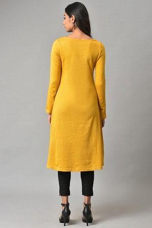Yellow A-Line Embroidered Winter kurta - wforwoman