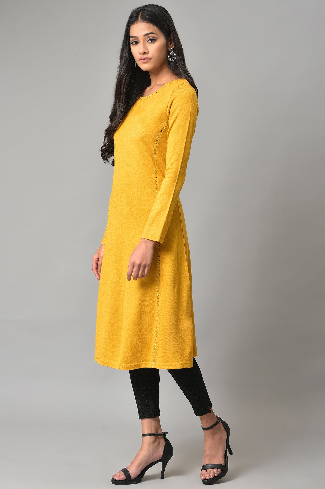 Yellow A-Line Embroidered Winter kurta