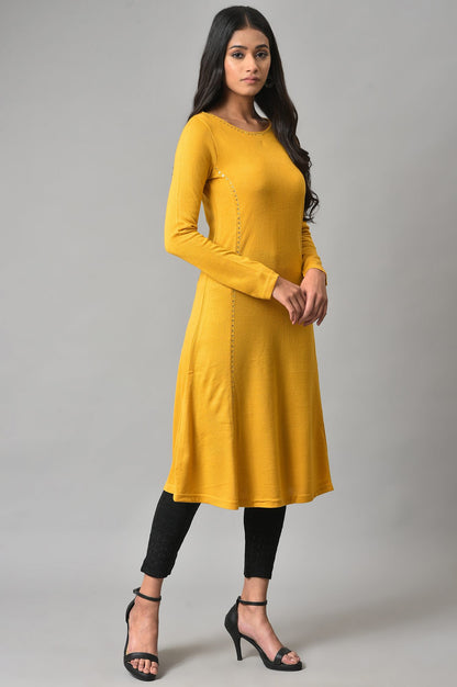 Yellow A-Line Embroidered Winter kurta