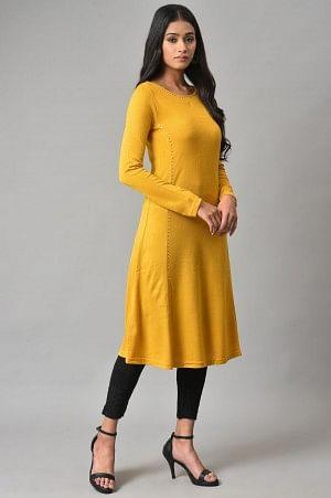 Yellow A-Line Embroidered Winter kurta - wforwoman