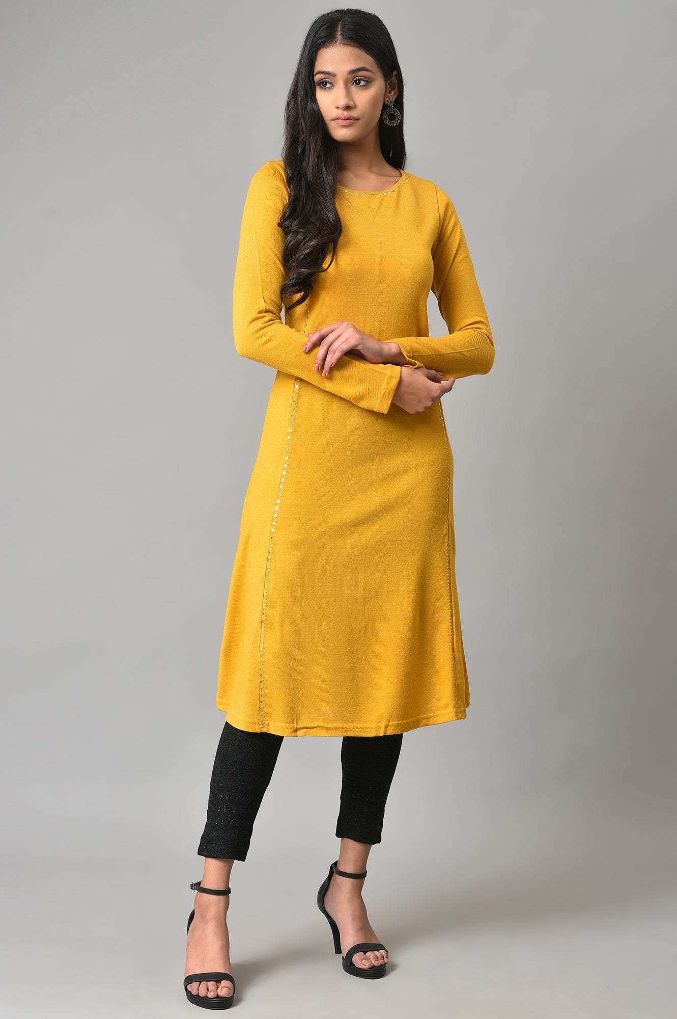 Yellow A-Line Embroidered Winter kurta