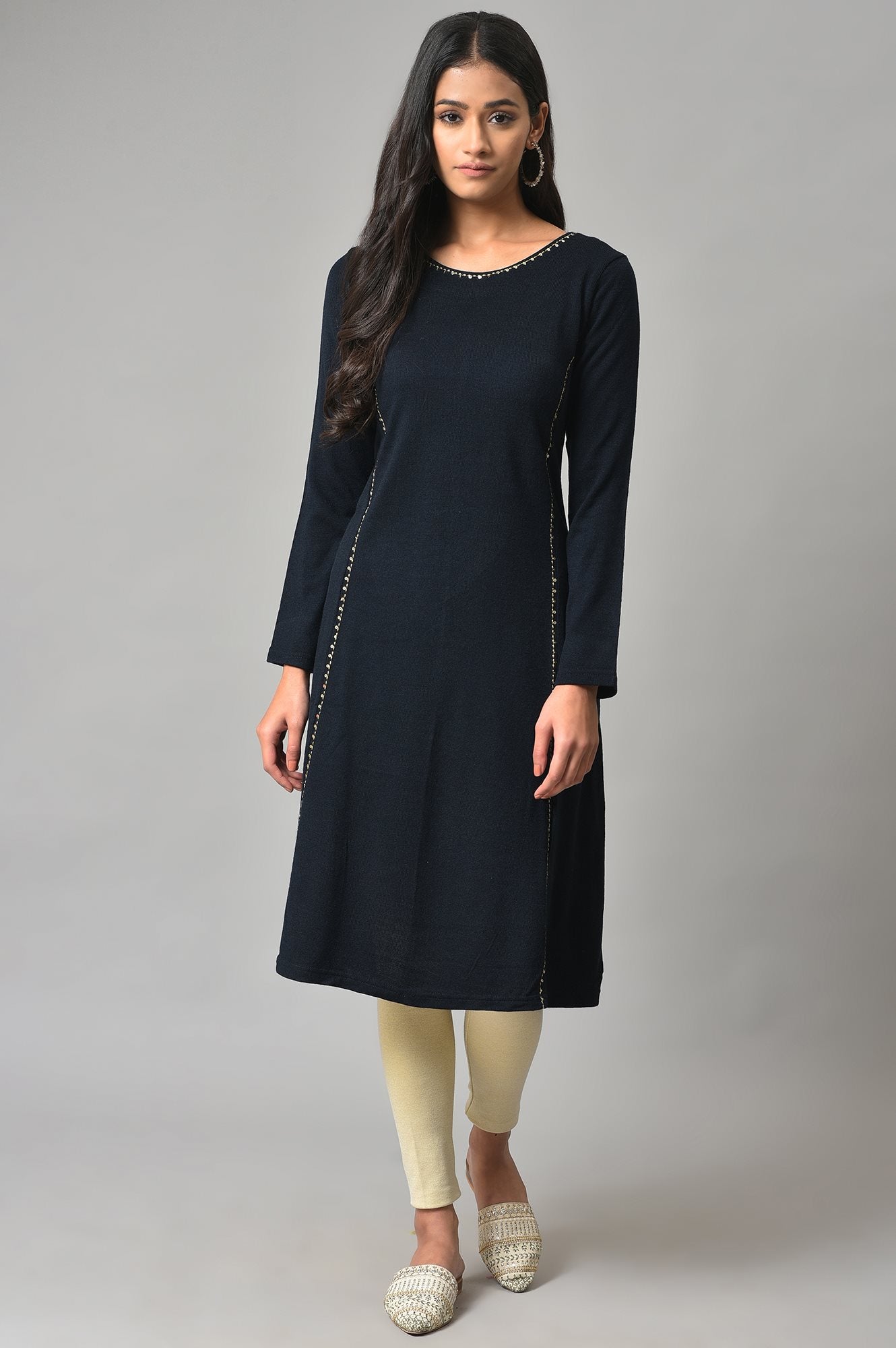 Blue A-Line Embroidered Winter kurta