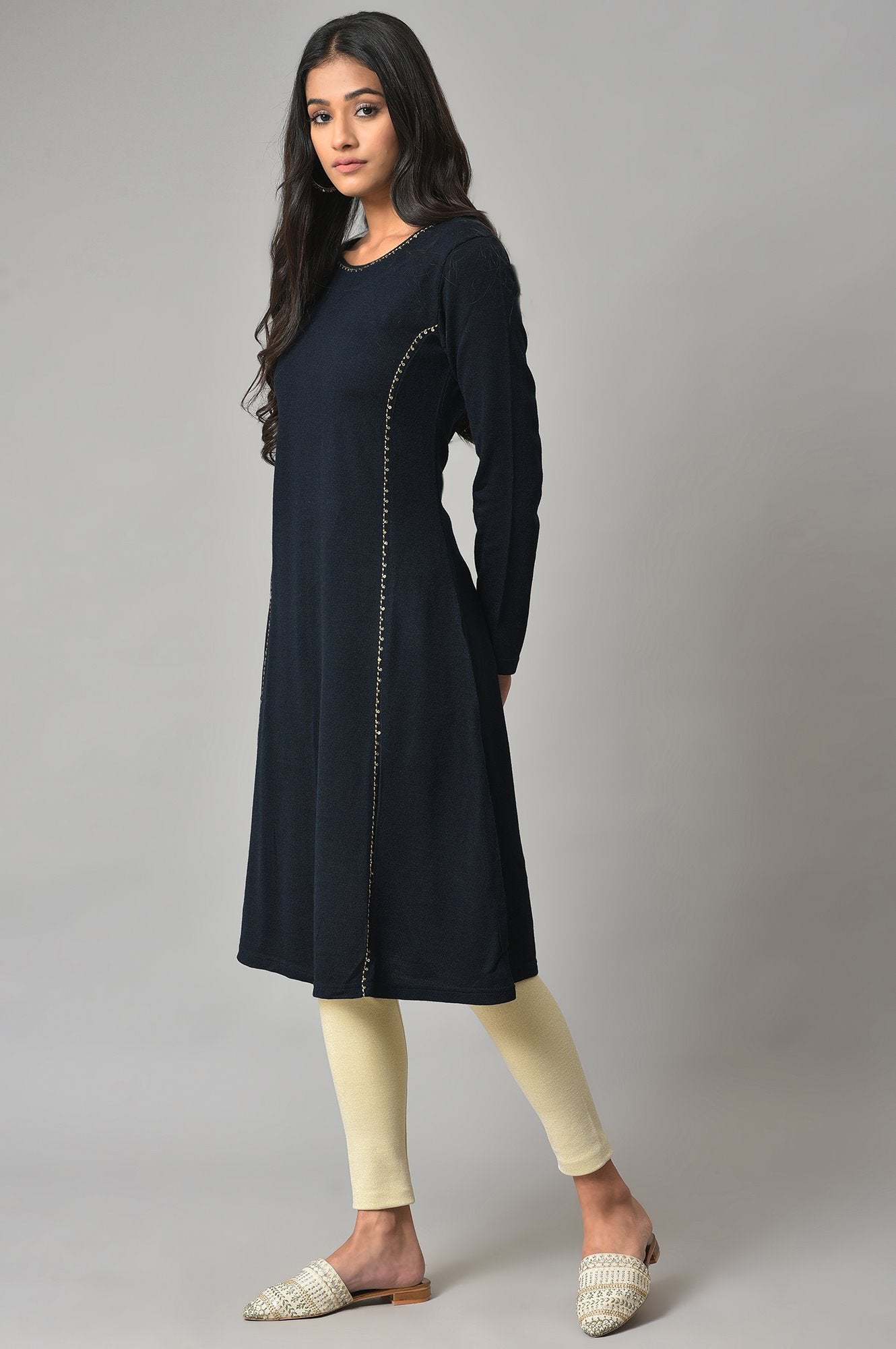 Blue A-Line Embroidered Winter kurta