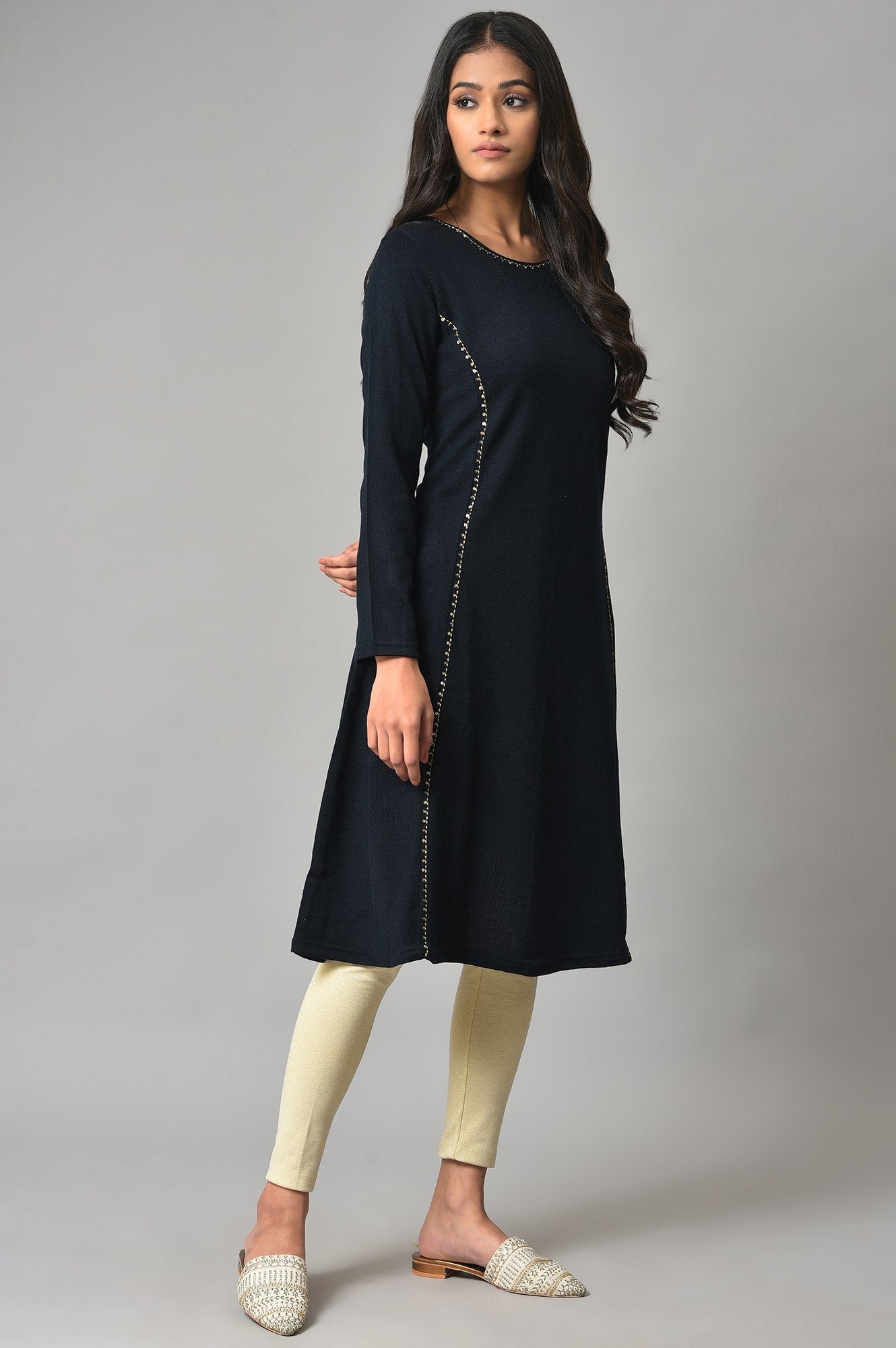 Blue A-Line Embroidered Winter kurta