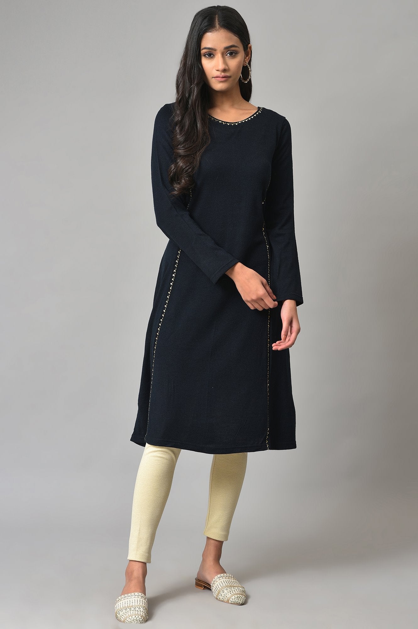 Blue A-Line Embroidered Winter kurta