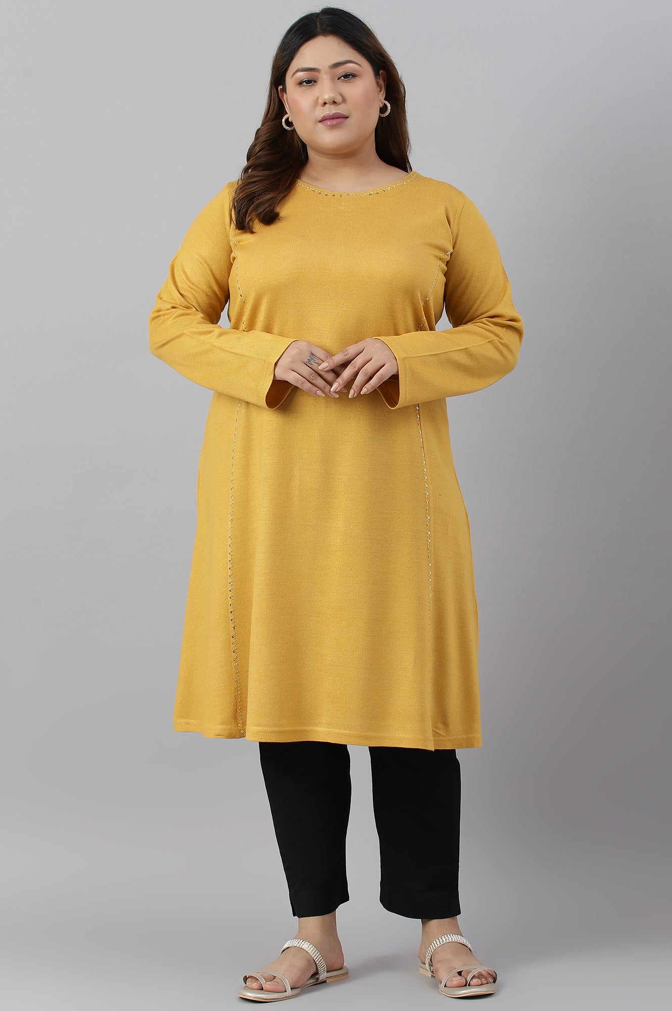 Plus Size Yellow A-Line Embroidered Winter kurta