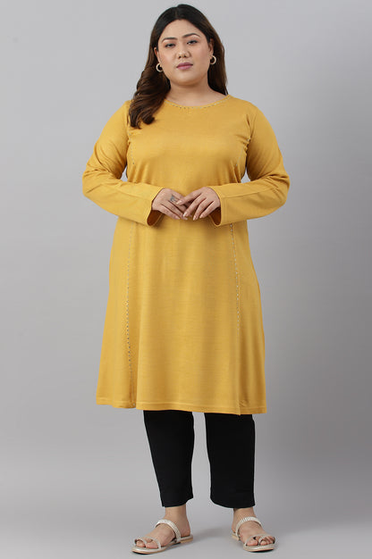 Plus Size Yellow A-Line Embroidered Winter kurta