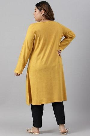 Plus Size Yellow A-Line Embroidered Winter kurta - wforwoman