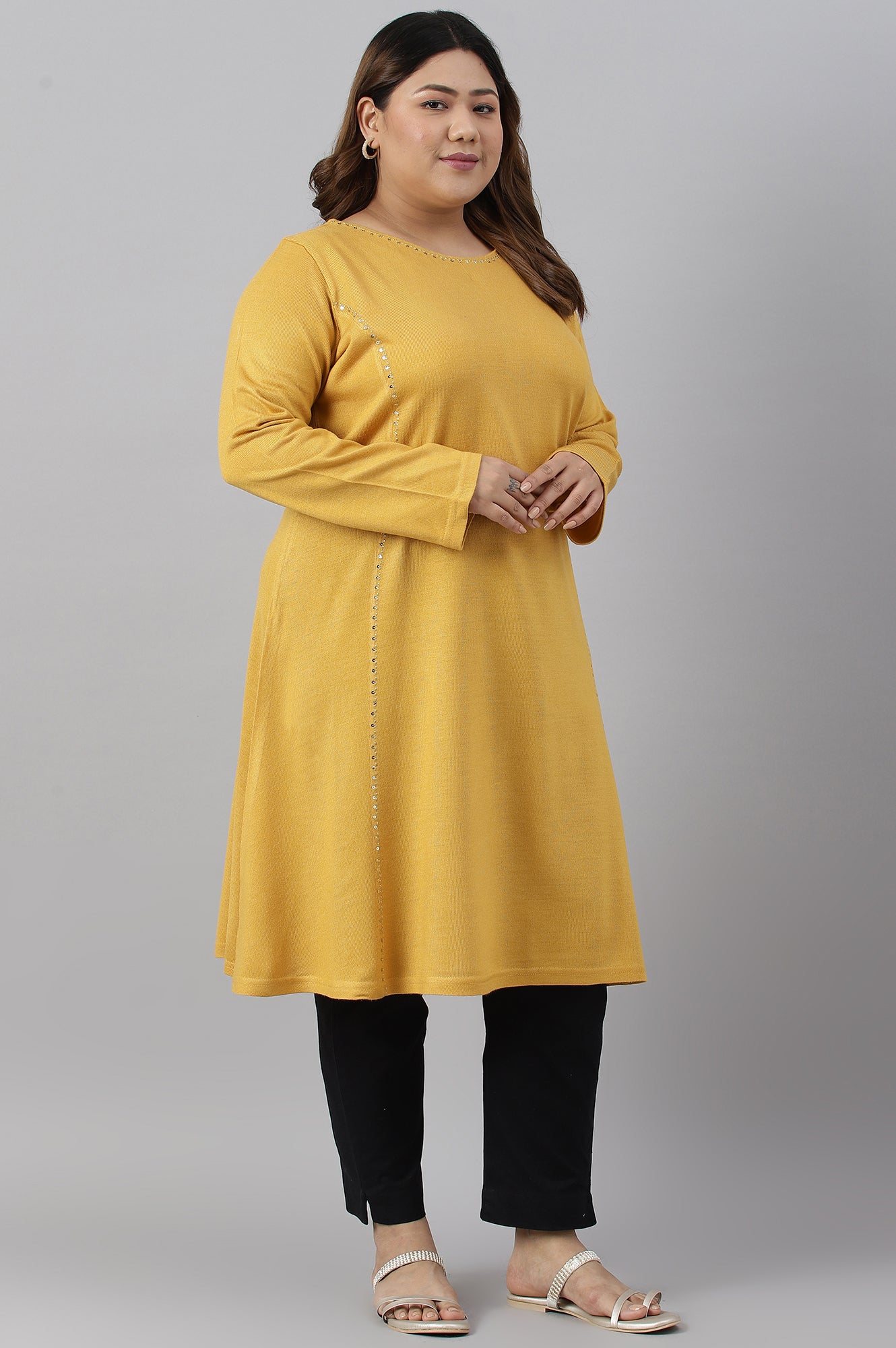 Plus Size Yellow A-Line Embroidered Winter kurta