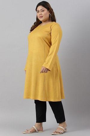Plus Size Yellow A-Line Embroidered Winter kurta - wforwoman