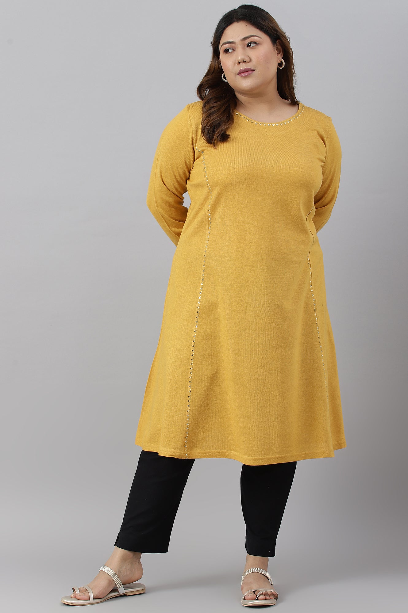 Plus Size Yellow A-Line Embroidered Winter kurta